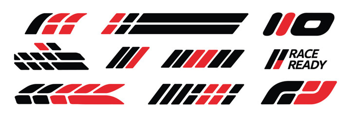 Racing cars and race car stripes set with checkered flags, motocross labels, dynamic speed lines, motorsport elements, sport decals, and tuning stickers

