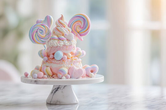 Whimsical pastel easter cake adorned with swirls lollipops and candy eggs on a marble stand - Powered by Adobe