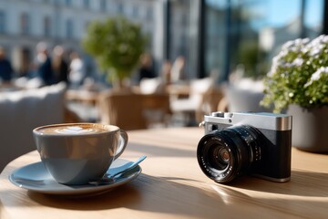 A stylish camera positioned next to a cup of coffee on a wooden table, capturing a moment of leisure and creativity in a sunlit café environment.