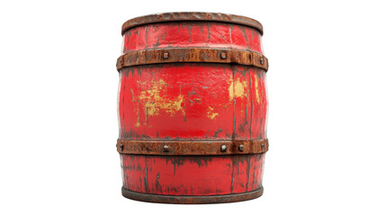 Old red wooden barrel with rusted metal bands in an transparent background setting