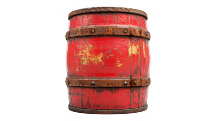 Old red wooden barrel with rusted metal bands in an transparent background setting