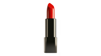 Bright red lipstick in a sleek black tube against an transparent background