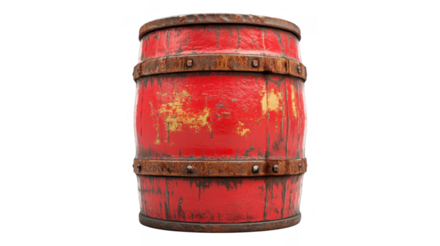 Old red wooden barrel with rusted metal bands in an transparent background setting