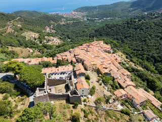 Aerial view of the town of Marciana and the Pisan Fortress, Elba Island, Livorno, Italy