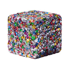 Colorful Crushed Aluminum Can Cube for Recycling and Environmental Awareness