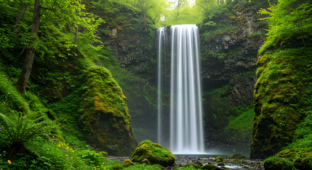  A powerful waterfall plunges between mossy cliffs in a sunlit green forest.