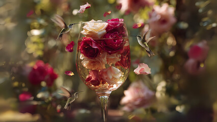 Hummingbirds hover around a glass filled with vibrant roses amidst a lush garden. Petals gently float, creating a magical ambiance as the sun sets.