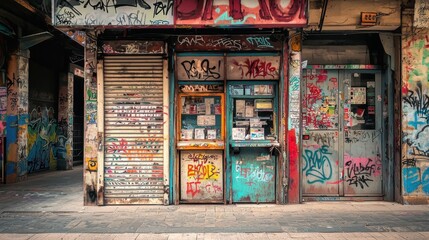 Abandoned graffiti-covered kiosk in a colorful urban alleyway