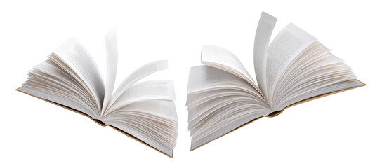 Pair of open books in motion with flipping pages, isolated on transparent cutout background