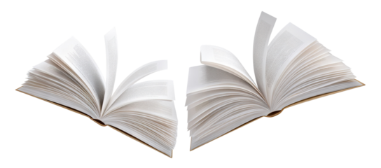 Pair of open books in motion with flipping pages, isolated on transparent cutout background