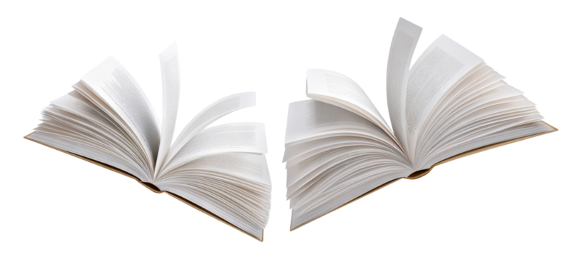 Pair of open books in motion with flipping pages, isolated on transparent cutout background