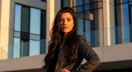 A woman with long brown hair poses in front of a building wearing a gray suit jacket