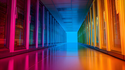 Server racks with integrated power management systems, nextgen data center theme, front view, demonstrating innovative energy distribution, futuristic tone, triadic color scheme