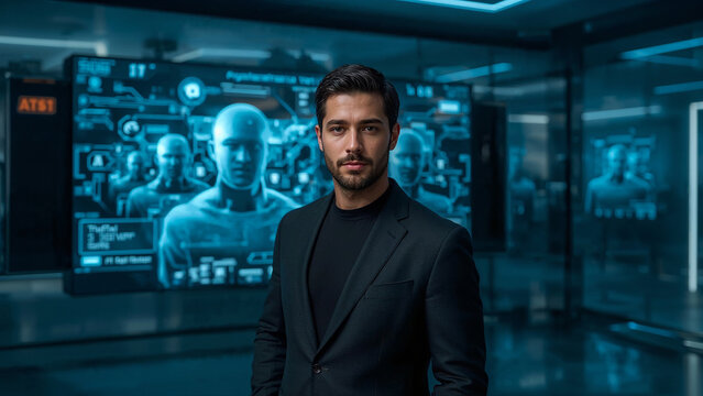 Businessperson presenting AI-powered digital agents on a futuristic virtual interface .