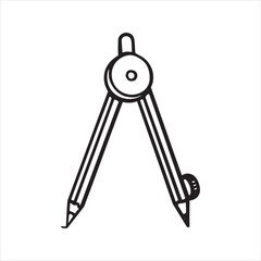 Drawing compass outline vector icon. Simple black and white line art illustration of a geometry tool with a pencil for drawing circles. Doodle sketch for math, school, or technical design.
