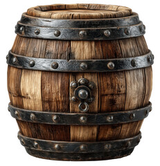 Small wooden barrel with metal hoops in vintage pirate-inspired rustic style, detailed wood texture, isolated on transparent background.