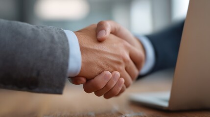 Deal Closure: Close-up shot of a firm handshake symbolizing agreement in business setting, set on a wooden surface. A display of business partnership