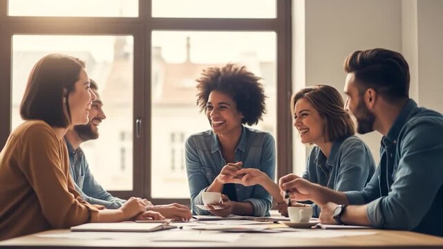 Diverse Team Collaboration: Smiling Faces, Coffee Cups, and Bright Window Light