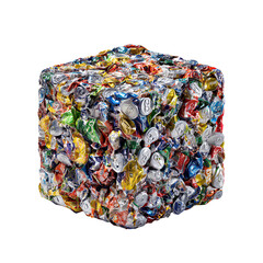 Colorful Crushed Aluminum Can Cube for Recycling and Environmental Awareness