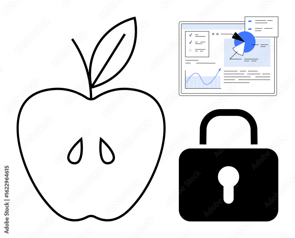 Poster apple outline with seeds, padlock symbol, and data analytics dashboard with charts. ideal for health