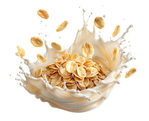 Splash of milk with oatmeal flakes flying, isolated on transparent cutout background