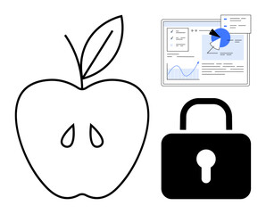 Apple outline with seeds, padlock symbol, and data analytics dashboard with charts. Ideal for health, nutrition, security, online analytics, privacy, technology simple landing page