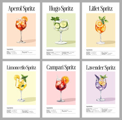 Watercolor Spritz Cocktail Poster Set &mdash; 6 printable recipe drink posters: Aperol, Hugo, Lillet, Limoncello, Campari, Lavender. Elegant summer decor for kitchen, bar or drink lovers.