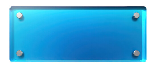 Blue glass signboard with bolts on corners, isolated on transparent cutout background