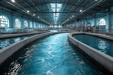 Fototapeta premium Inside a modern water treatment facility, clean water flows through a complex system, ensuring safe and reliable water supply