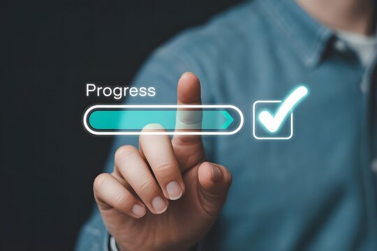 A Person s Finger Tapping a Progress Bar with a Check Mark Illustrating Completion Achievement and the Successful Finalization of a Goal or