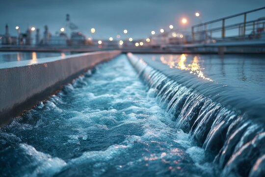 Clean water flowing in filtration system of modern wastewater treatment plant at dusk - Powered by Adobe