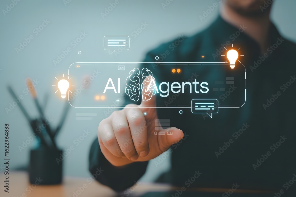 Poster AI Agents Interface Concept with Human Hand Touching Screen Representing Artificial Intelligence Chatbots Automation and Future Technology for Business and Personal Assistance