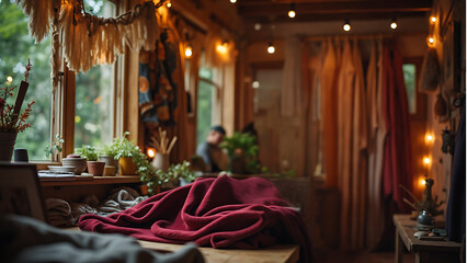 Soft blankets lay on a wooden table in a charming, rustic room filled with plants and warm lights, creating a cozy atmosphere on a rainy day.