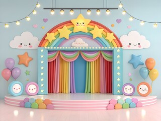 Fototapeta premium Cheerful rainbow stage with smiling clouds and stars balloons