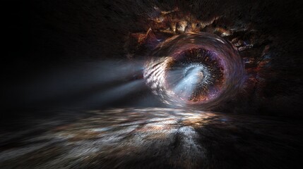 A mysterious portal of light shining through a dark cave, leading to another dimension and offering an escape to a new world