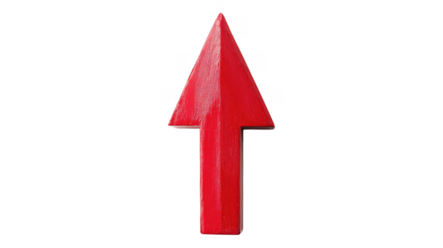 Red upward arrow placed on a plain background emphasizing direction and movement