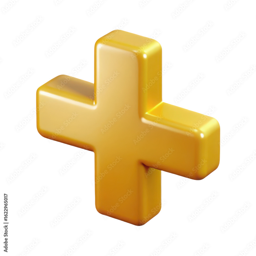 Poster shiny golden plus sign symbol with rounded edges and a subtle gradient representing addition or posi