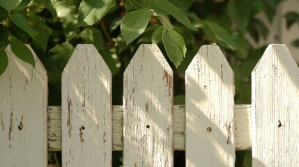Close-up of weathered white wooden fence with green leaves in soft natural light