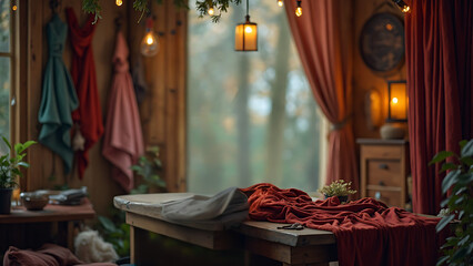 A serene wellness room features soft textiles and ambient lighting, creating a cozy atmosphere perfect for relaxation and therapeutic treatments. Plants enhance the tranquil vibe.