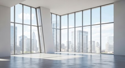 Bright room with large windows showing a city skyline