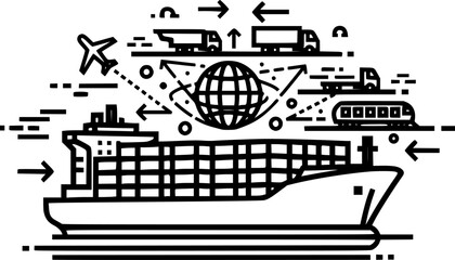 Efficient global shipping cargo transport with container ship silhouette illustration
