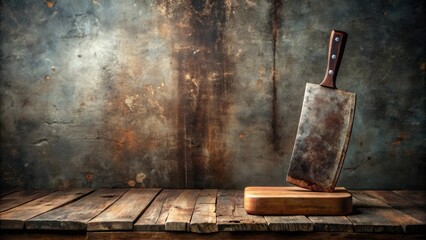 Rustic Butcher's Cleaver Resting on Weathered Wooden Block Against a Distressed Textured Background