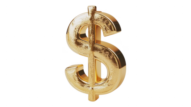 Golden dollar symbol shines bright against an transparent background