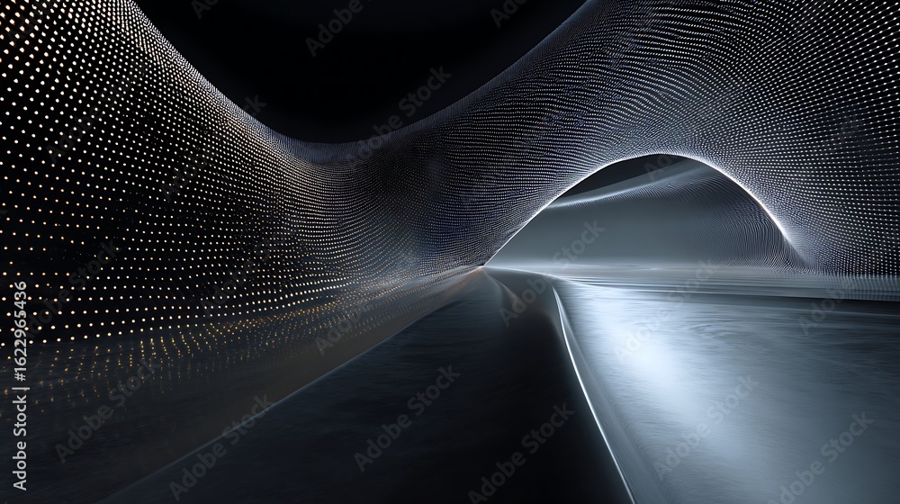 Poster abstract dark tunnel with glowing dots and metallic surface creates futuristic and technological bac