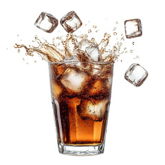Glass of cola with ice cubes splashing, isolated on transparent cutout background