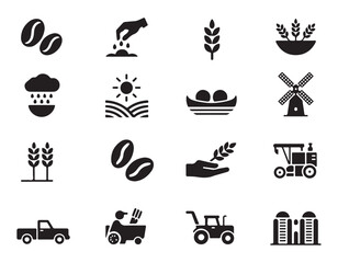 Agriculture and Farming Glyph Icons Set Agriculture Equipment and Natural Resources Isolated Vector Black on White Modern Design