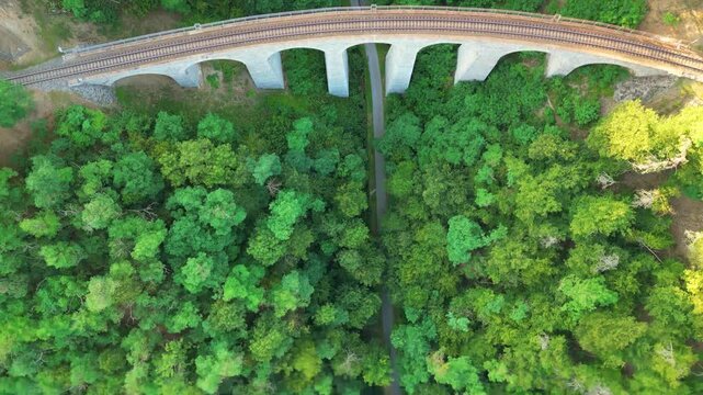 Discover the stunning Zampach railway bridge, the highest stone bridge in Czechia, as it stands majestically amidst lush greenery, connecting travelers to the stunning scenery.