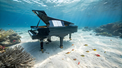 A grand piano rests on the sandy ocean floor, surrounded by vibrant coral and schools of colorful fish. Sunlight filters down, creating a serene underwater atmosphere.