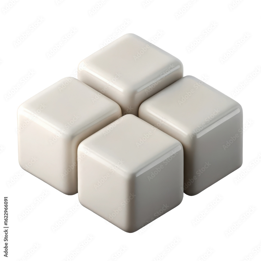Poster four smooth rounded off white cubes are arranged in a cluster on a transparent background isolated o