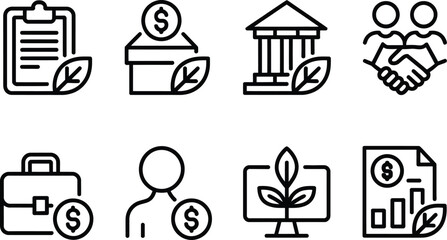 Sustainable Business Icon Set, Linear Design with Clipboard, Moneybox, Handshake